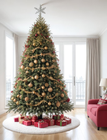 Christmas tree with presents in the living room, 3d render.の素材