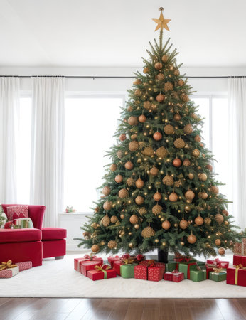 Christmas tree with presents in living room at home. Christmas and New Year conceptの素材