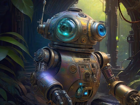 3D rendering of a robot in a dark space. Fantasy.の素材