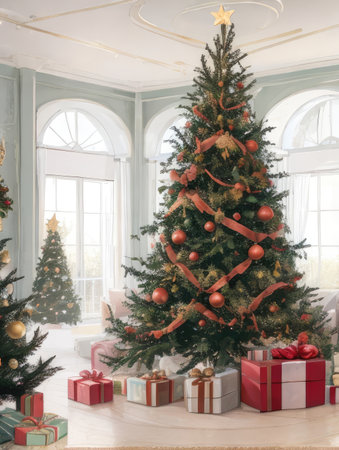Christmas tree with red balls and gifts in the interior of the houseの素材