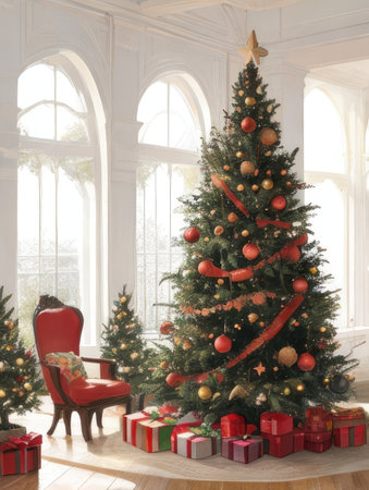 Christmas living room with a Christmas tree and presents. 3d renderの素材