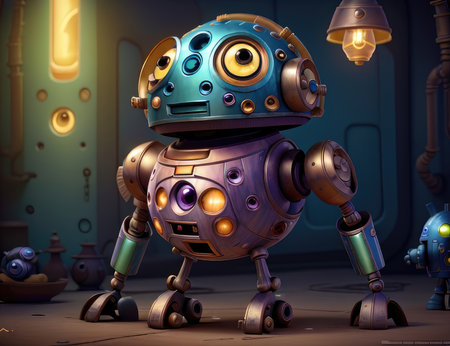 Robot in a dark room, 3d rendering. Computer digital drawing.の素材