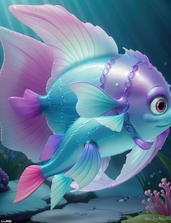 3d illustration of a beautiful blue and pink underwater world with fishの素材