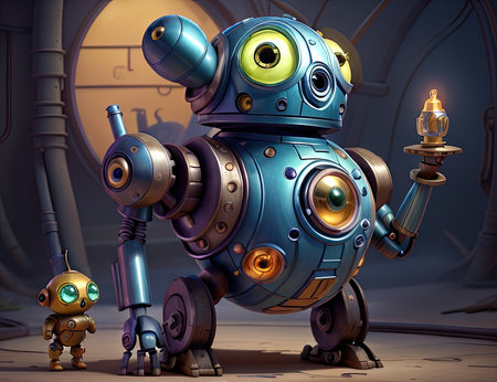 robot with a lamp in his hands. 3d illustration.の素材