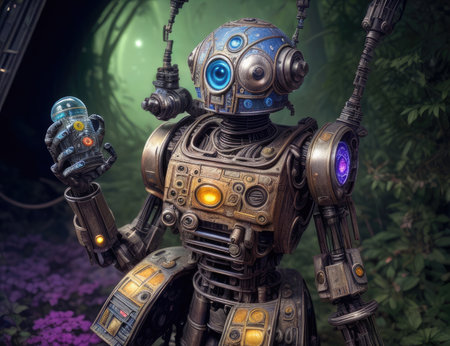 3D rendering of a robot in a fantasy forest. Fantasy world.の素材