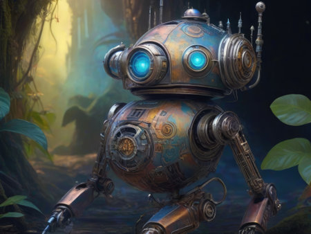3D rendering of a robot in a fantasy forest. 3D rendering.の素材