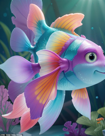 Cute cartoon fish in the underwater world. 3D illustration.の素材
