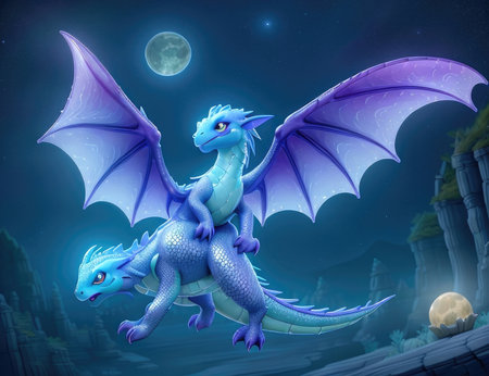 Fantasy dragon flying in the night sky with moon and stars.の素材