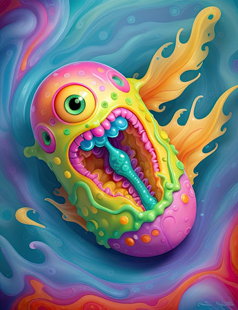 Illustration of a funny cartoon octopus on a colorful background.の素材
