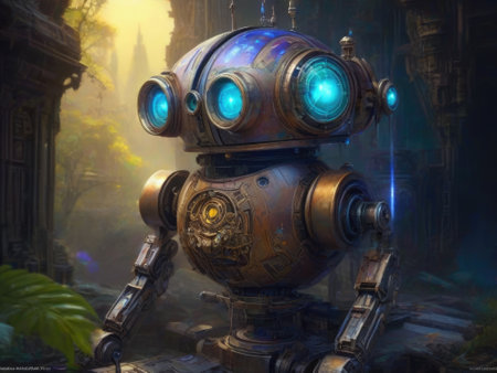 Vintage steampunk robot. Digital painting. 3D illustration.の素材