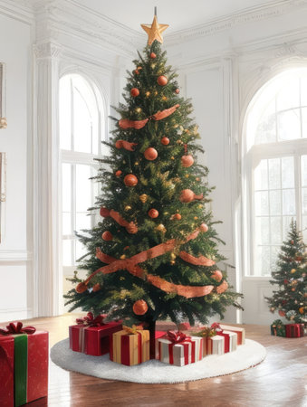 Christmas tree with gifts in a white room with a large window.の素材