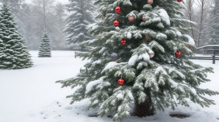 Christmas tree with red balls on the snow-covered background of the parkの素材