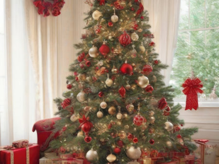 Beautiful Christmas tree with red and gold ornaments and giftsの素材