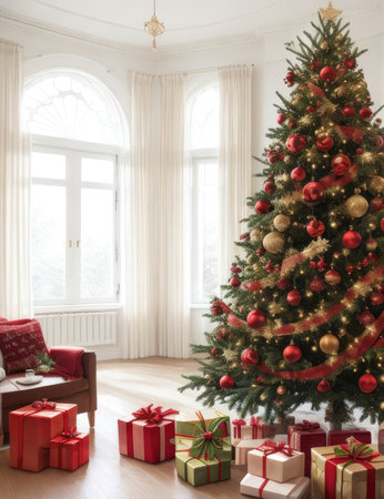 Christmas living room with Christmas tree, presents and fireplace. 3d renderの素材