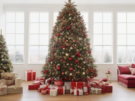 Christmas tree with presents in living room at home. Winter holiday conceptの素材