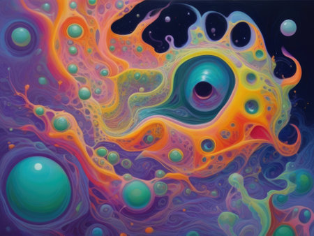 abstract colorful background with circles, lines, and spots of different colorsの素材