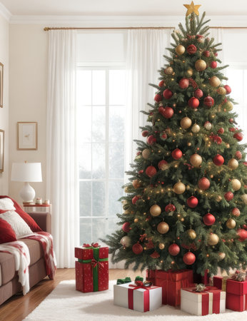 Christmas living room interior with Christmas tree and presents. 3d renderの素材