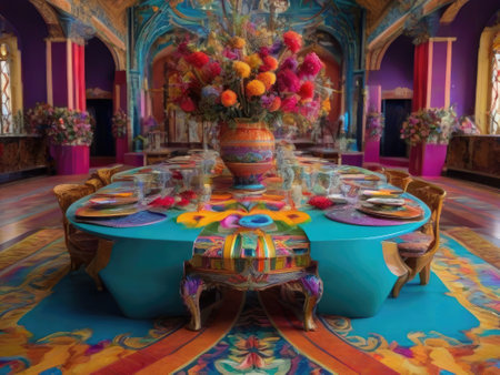 Interior of a colorful room with table and chairs in a restaurantの素材