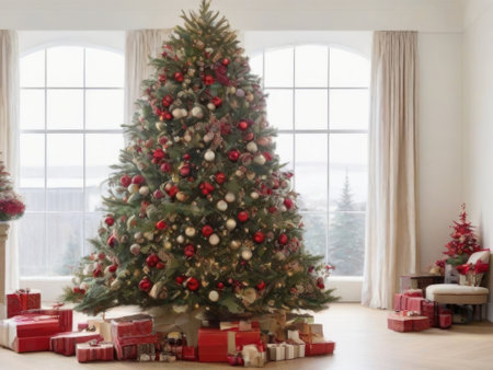 Christmas tree and presents in a bright living room with a large windowの素材
