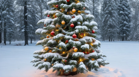 Beautiful Christmas tree in the winter forest. Beautiful winter landscape.の素材