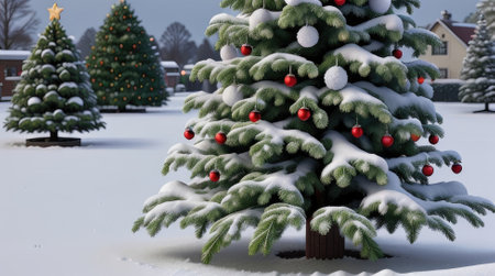 Christmas tree covered with snow in the city park. 3d renderingの素材
