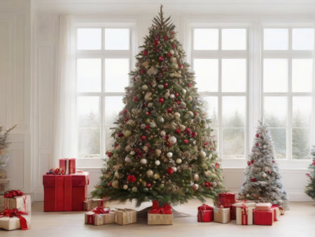 Christmas tree with gifts in the bright living room with a large windowの素材