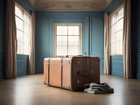 Luggage in the interior of an old classic room with blue wallsの素材