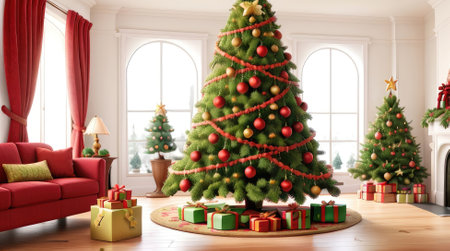 3d render of green christmas tree with presents in living roomの素材