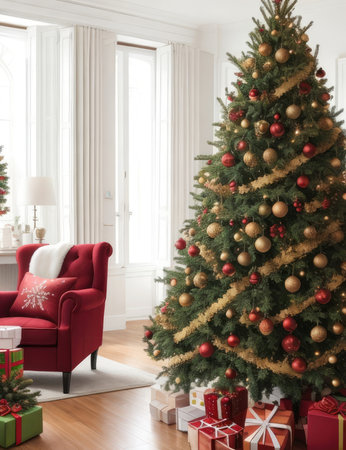Christmas living room interior with a Christmas tree and a red armchairの素材