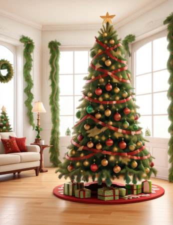 3d render of Christmas tree with gifts in the living room.の素材