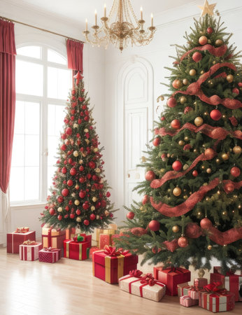 Christmas tree with gifts in the white living room. 3d renderingの素材