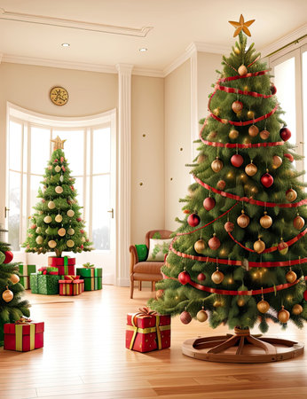 3d render of a living room with christmas tree and presentsの素材