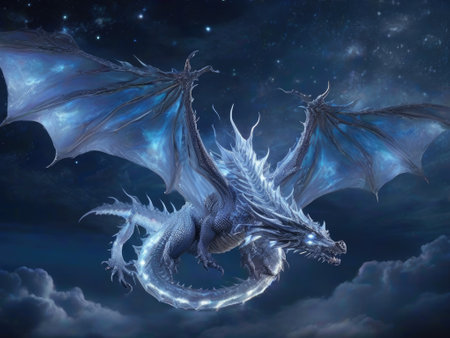 3D rendering of a fantasy dragon with a starry sky backgroundの素材