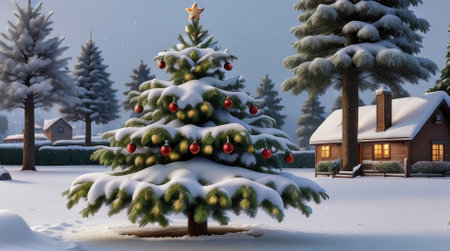 Christmas tree under the snow in the village. 3d illustration.の素材