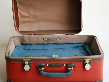 Open old suitcase with blue and red clothes on white background, closeupの素材