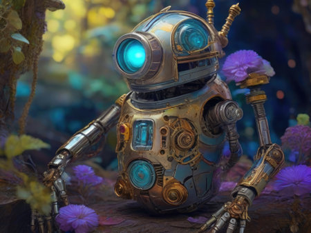 Vintage robot toy in the garden. Retro robot toy. Fantasy robot.の素材