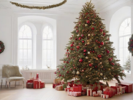 Christmas tree with gifts in a white room with a large window.の素材