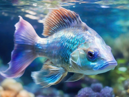 Close up of a fish swimming in an aquarium. Aquarium.の素材