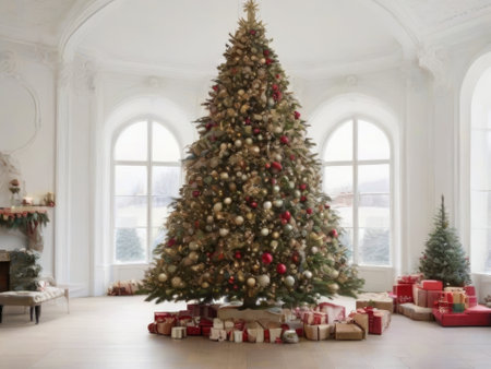 Christmas tree and gifts in the interior of the house. Christmas backgroundの素材