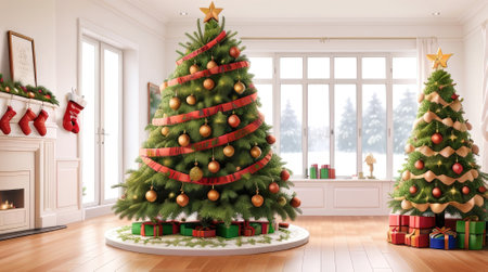 3d illustration of Christmas tree with presents in the living room.の素材