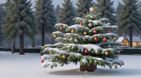 Christmas tree covered with snow in the city. 3d illustration.の素材