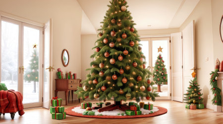 3d render of christmas tree with presents in the living roomの素材
