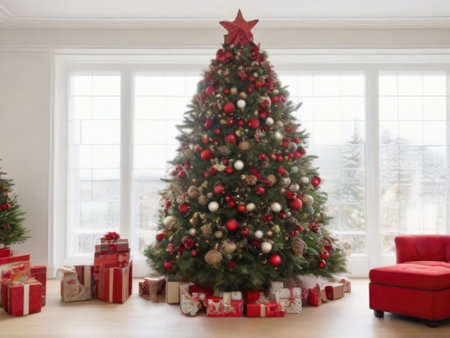 Christmas tree with presents in living room at home. Christmas and New Year conceptの素材