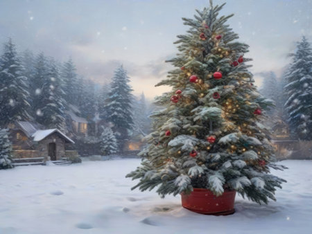 Christmas tree on the background of a winter landscape. Christmas and New Year.の素材