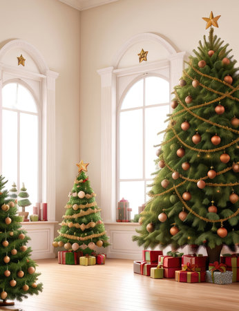 3d render of Christmas tree with presents in a classic living roomの素材
