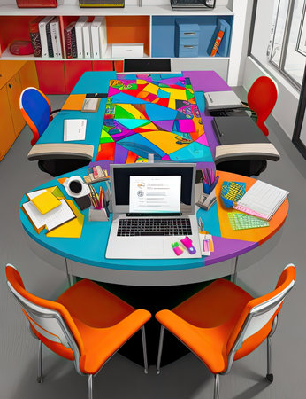Interior of a modern office with orange chairs and table, 3D renderingの素材