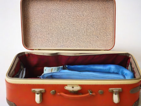 Open old brown suitcase with blue and red clothes inside, isolated on white backgroundの素材