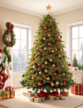 Christmas tree with presents in living room. 3d render illustration.の素材