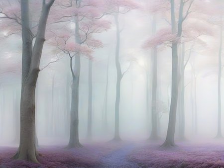 Cherry blossom trees in a foggy forest, 3d renderの素材