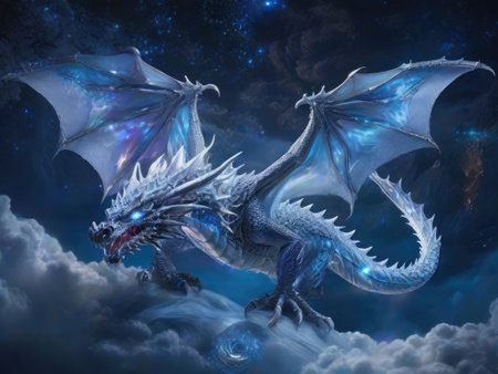 3D rendering of a fantasy dragon in a space filled with starsの素材